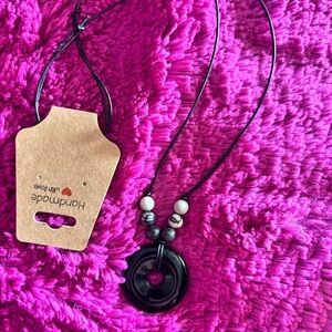 Handmade Black Obsidian Donut Pendant Necklace with White Stone Beads